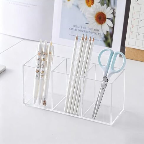 2-Pack Clear Acrylic 3-Compartment Organizer, Pen Holder for Desk, Makeup Brush Holder, Remote Control Holder, in Saudi Arabia