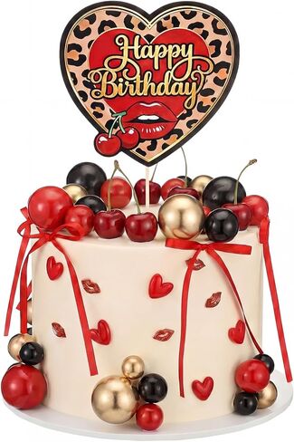 Sieral 61 Pcs Cheetah and Cherry Cake Decoration Black Red Gold Balls Bow and Lips Cake Toppers Leopard Heart Print Birthday Decoration Vintage Bachelorette Wedding Baby Shower Party Supply for Women in Kuwait