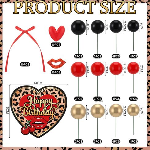 Sieral 61 Pcs Cheetah and Cherry Cake Decoration Black Red Gold Balls Bow and Lips Cake Toppers Leopard Heart Print Birthday Decoration Vintage Bachelorette Wedding Baby Shower Party Supply for Women in Kuwait