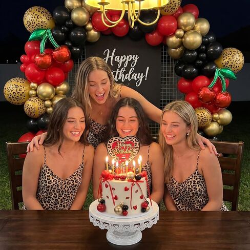 Sieral 61 Pcs Cheetah and Cherry Cake Decoration Black Red Gold Balls Bow and Lips Cake Toppers Leopard Heart Print Birthday Decoration Vintage Bachelorette Wedding Baby Shower Party Supply for Women in Kuwait