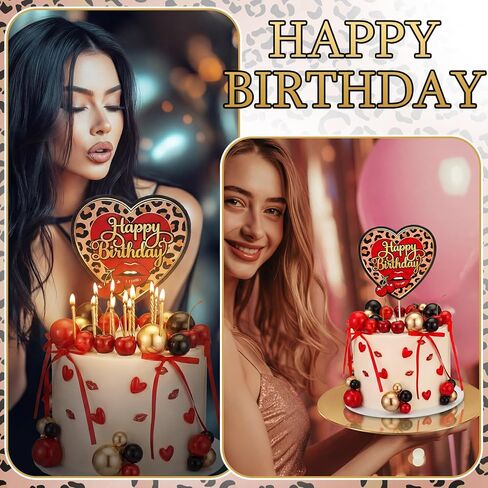 Sieral 61 Pcs Cheetah and Cherry Cake Decoration Black Red Gold Balls Bow and Lips Cake Toppers Leopard Heart Print Birthday Decoration Vintage Bachelorette Wedding Baby Shower Party Supply for Women in Kuwait