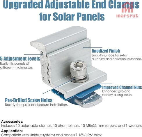 10PCS Solar Panel End Clamp Brackets for Mounting Clip, Adjustable Z Aluminum Rail Roof Kit Hardware, Mid Hold Down Strut Nut Bolt Wrench, RV Pv System Grounding Gutter Install Fastener 30-50mm in Kuwait