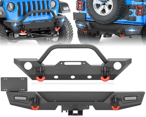 لمصدات JK JKU الأمامية والخلفية المتوافقة مع 2007-2018 Jeep Wrangler JK JKU مع حامل إطار احتياطي، لوحة ونش، مصابيح LED، دعامة شريط الضوء، إطار لوحة الترخيص، مستقبل وصلة الجر وحلقات على شكل حرف D in Kuwait