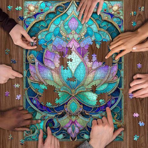 Stained Glass Lotus Flower Puzzle for Adults 1000 Pieces，Vintage Mandala Lotus Floral Jigsaw Puzzle,Beautiful Stained Glass Hard Impossible Puzzle, Aesthetic Puzzles Challenge in Kuwait