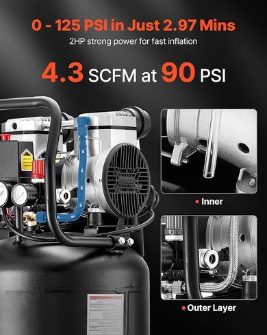 VEVOR 14-Gallon Air Compressor, 2HP 4.3 SCFM at 90PSI, Max 125PSI Pressure Oil-Free Air Compressor Tank, Portable on Wheels for Auto Repair, Tire Inflation, Spray Painting, Woodwork Nailing, 120V in Saudi Arabia