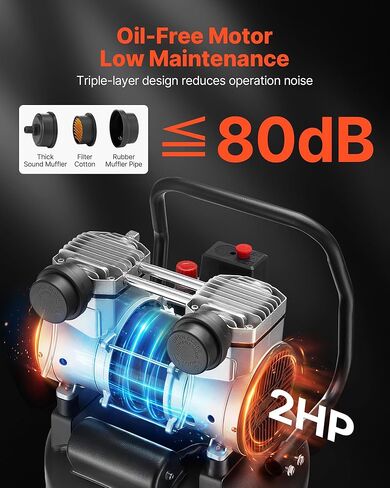 VEVOR 14-Gallon Air Compressor, 2HP 4.3 SCFM at 90PSI, Max 125PSI Pressure Oil-Free Air Compressor Tank, Portable on Wheels for Auto Repair, Tire Inflation, Spray Painting, Woodwork Nailing, 120V in Saudi Arabia