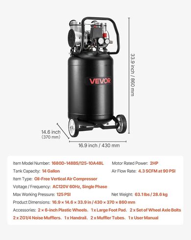 VEVOR 14-Gallon Air Compressor, 2HP 4.3 SCFM at 90PSI, Max 125PSI Pressure Oil-Free Air Compressor Tank, Portable on Wheels for Auto Repair, Tire Inflation, Spray Painting, Woodwork Nailing, 120V in Saudi Arabia