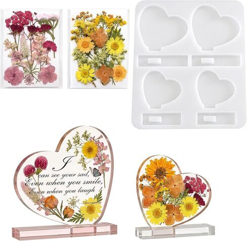 Heart Resin Molds Silicone Kit with 2 Packs Real Pressed Dried Flowers, Heart Silicone Mold for Resin Casting & Flower Preservation, DIY Epoxy Art for Jewelry Making, Wedding Gifts in Kuwait