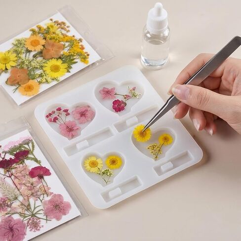 Heart Resin Molds Silicone Kit with 2 Packs Real Pressed Dried Flowers, Heart Silicone Mold for Resin Casting & Flower Preservation, DIY Epoxy Art for Jewelry Making, Wedding Gifts in Kuwait