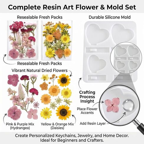 Heart Resin Molds Silicone Kit with 2 Packs Real Pressed Dried Flowers, Heart Silicone Mold for Resin Casting & Flower Preservation, DIY Epoxy Art for Jewelry Making, Wedding Gifts in Kuwait