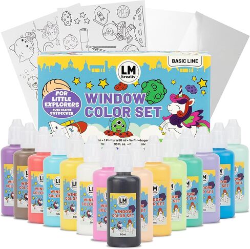 Window Cling Paint Set - Little Explorers - 15 Stained Glass Paints (2.03 fl oz each), Black Outline Paint Included, 14 Fun Templates for DIY Faux Stained Glass Art and Crafts in Saudi Arabia