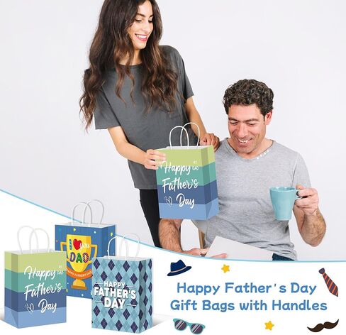 LIJUGITF 12 Pack Fathers Day Gift Bags with Handles, Blue Paper Gifts Bags for Dad, Grandpa, Stepdad, Happy Father's Day Wrapping Bag for Father's Day, Birthday & Family Gatherings in Saudi Arabia