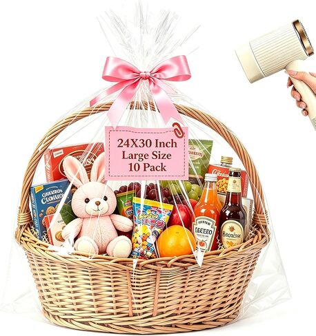 Flasunire Large Cellophane Bags for Gift Baskets - 24x30 Inch 10 PCS Clear Gift Bags Cellophane Wrap Bags Shrink Plastic for Easter Gift Basket Wrapping in Saudi Arabia