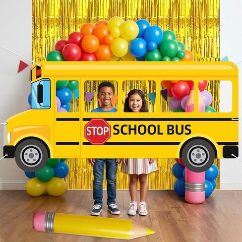 JANYUN School Bus Photo Backdrop Selfie Frame Gold Tinsel Curtains First Day of School Photo Booth Welcome School Background Banner for Back to School Decoration Party Supplies (72 x 34 Inches) in Kuwait