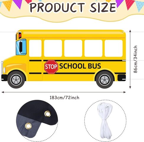 JANYUN School Bus Photo Backdrop Selfie Frame Gold Tinsel Curtains First Day of School Photo Booth Welcome School Background Banner for Back to School Decoration Party Supplies (72 x 34 Inches) in Kuwait
