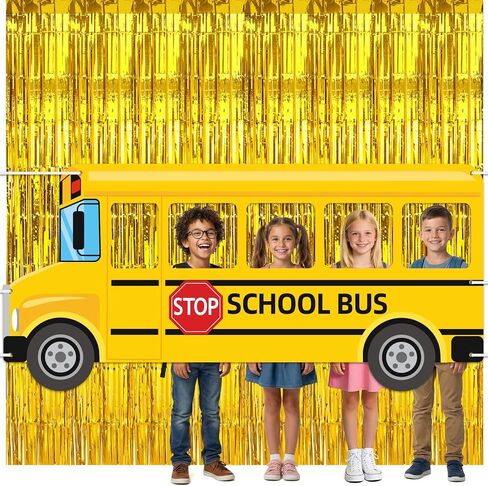 JANYUN School Bus Photo Backdrop Selfie Frame Gold Tinsel Curtains First Day of School Photo Booth Welcome School Background Banner for Back to School Decoration Party Supplies (72 x 34 Inches) in Kuwait