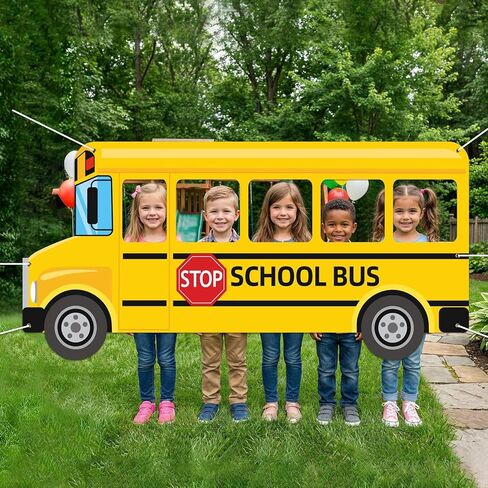 JANYUN School Bus Photo Backdrop Selfie Frame Gold Tinsel Curtains First Day of School Photo Booth Welcome School Background Banner for Back to School Decoration Party Supplies (72 x 34 Inches) in Kuwait