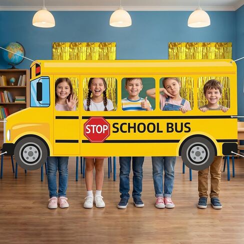 JANYUN School Bus Photo Backdrop Selfie Frame Gold Tinsel Curtains First Day of School Photo Booth Welcome School Background Banner for Back to School Decoration Party Supplies (72 x 34 Inches) in Kuwait
