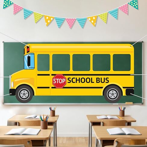 JANYUN School Bus Photo Backdrop Selfie Frame Gold Tinsel Curtains First Day of School Photo Booth Welcome School Background Banner for Back to School Decoration Party Supplies (72 x 34 Inches) in Kuwait