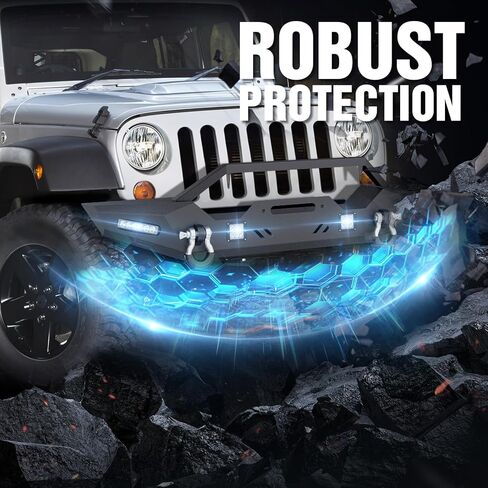 for Wrangler JK Front Bumper Compatible with 2007 2008 2009 2010 2011 2012 2013 2014 2015 2016 2017 2018 Jeep Wrangler JK JKU Unlimited w/LED Lights, Winch Plate, Light Bar Bracket & D-rings in Kuwait