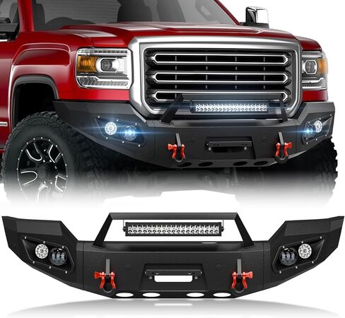 Pickup Truck Front Bumper Compatible with 2015-2019 GMC Sierra 2500 3500 HD Off-Road Pickup Truck Bumper with Winch Plate, Sensor Holes, 5 x LED Lights, License Plate Bracket & D-rings, Black in Kuwait