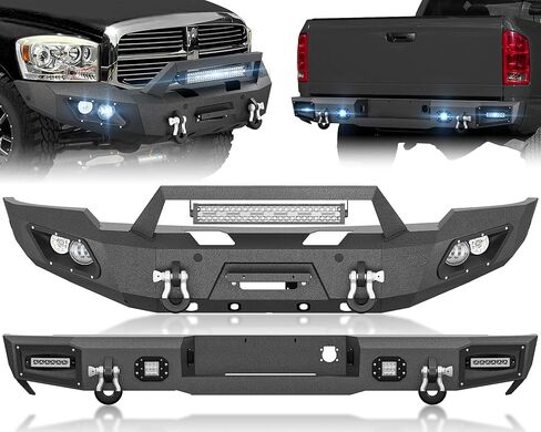 YZONA لمصدات Ram 1500 الأمامية والخلفية متوافقة مع 2006 2007 2008 Dodge Ram 1500 مع لوحة ونش، مصابيح LED، فتحات مستشعر، إطار لوحة الترخيص، أضواء لوحة الترخيص، درع قابل للطلاء، حلقات على شكل حرف D in Kuwait