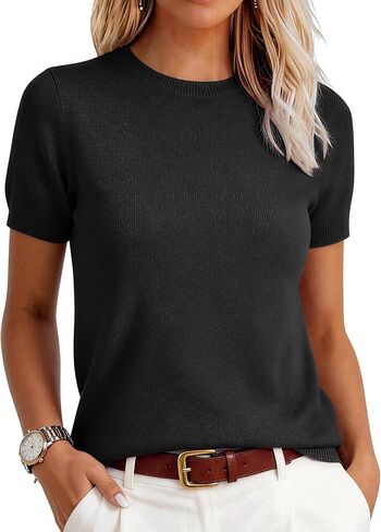 Short Sleeve Sweater for Women Summer Lightweight Sweater Knit Top Crew Neck Business Casual Work Top in Saudi Arabia