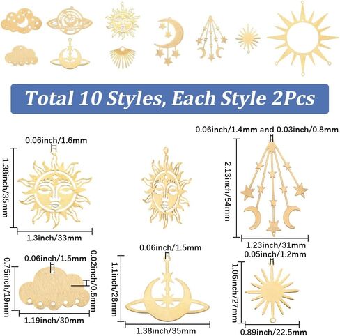 SUNNYCLUE 1 Box 20Pcs 10 Styles Sun Connector Charms Brass Charm Connectors Gold Celestial Moon Star Cloud 2 Holes Link Pendants for Jewelry Making Findings Earrings Necklaces Wind Chimes Dreamcatcher in Kuwait