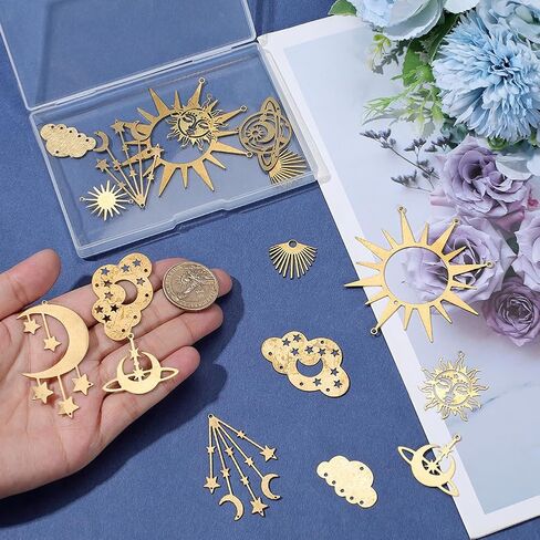 SUNNYCLUE 1 Box 20Pcs 10 Styles Sun Connector Charms Brass Charm Connectors Gold Celestial Moon Star Cloud 2 Holes Link Pendants for Jewelry Making Findings Earrings Necklaces Wind Chimes Dreamcatcher in Kuwait
