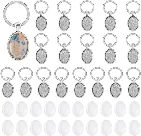 DICOSMETIC 20 Sets Keychain Cabochon Settings Rectangle/Oval Metal Blank Bezel Trays with Glass Cabochon Alloy Photo Frames with Split Ring Blank Pendant Trays for DIY Jewelry Making in Kuwait