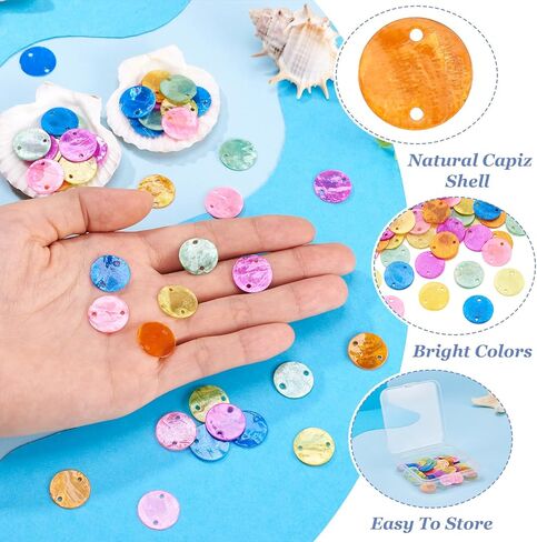 Craftdady 70Pcs Natural Capiz Shell Connector Charms Colorful Round Shell Pendants with 2 Holes Spray Painted Seashell Disc Beads for DIY Jewelry Making Wind Chimes Curtain Lamp Shade Crafts in Kuwait