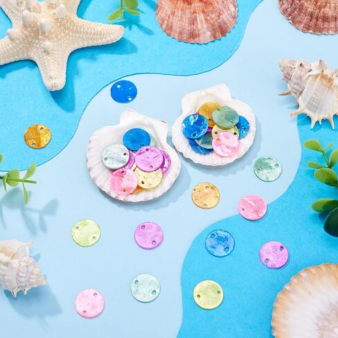 Craftdady 70Pcs Natural Capiz Shell Connector Charms Colorful Round Shell Pendants with 2 Holes Spray Painted Seashell Disc Beads for DIY Jewelry Making Wind Chimes Curtain Lamp Shade Crafts in Kuwait