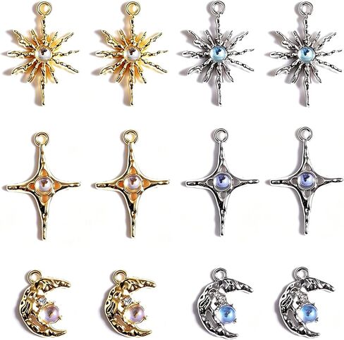 12pcs Celestial Rhinestone Charm Set, Sparkling Sun Moon Star Pendants for Jewelry Making, Alloy Crystal Charm Accessories for Necklace Bracelet Earrings - Silver, Gold in Kuwait