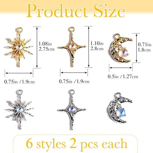 12pcs Celestial Rhinestone Charm Set, Sparkling Sun Moon Star Pendants for Jewelry Making, Alloy Crystal Charm Accessories for Necklace Bracelet Earrings - Silver, Gold in Kuwait