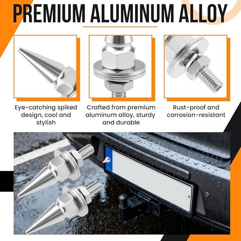 Aifeier ET 6PCS Spikes License Plate Screws Set | Decorative Aluminum Alloy Spikes Shape Tip Fastener Bolts | Universal Fit for Car, Truck, Motorcycle License Plate Frames (Silver) in Kuwait