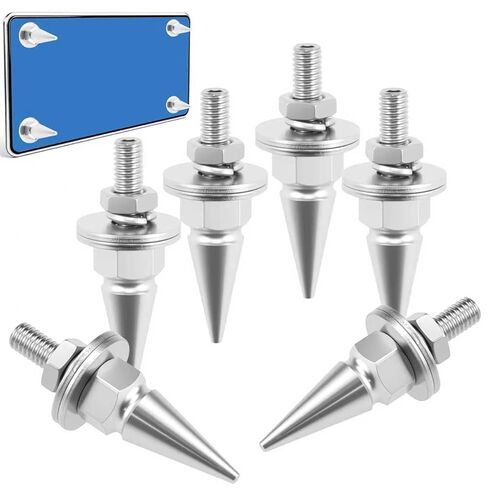 Aifeier ET 6PCS Spikes License Plate Screws Set | Decorative Aluminum Alloy Spikes Shape Tip Fastener Bolts | Universal Fit for Car, Truck, Motorcycle License Plate Frames (Silver) in Kuwait