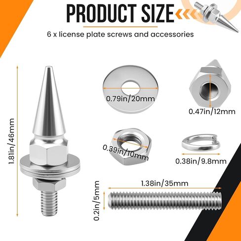 Aifeier ET 6PCS Spikes License Plate Screws Set | Decorative Aluminum Alloy Spikes Shape Tip Fastener Bolts | Universal Fit for Car, Truck, Motorcycle License Plate Frames (Silver) in Kuwait