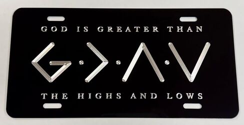 God is Greater Than The Highs and Lows Car Tag Diamond Etched Silver Engraved on Black Aluminum Metal License Plate in Saudi Arabia