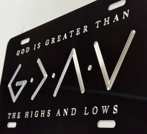 God is Greater Than The Highs and Lows Car Tag Diamond Etched Silver Engraved on Black Aluminum Metal License Plate in Saudi Arabia