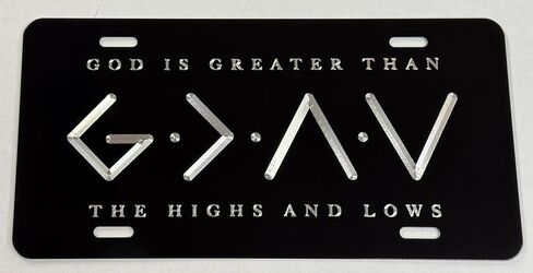 God is Greater Than The Highs and Lows Car Tag Diamond Etched Silver Engraved on Black Aluminum Metal License Plate in Saudi Arabia