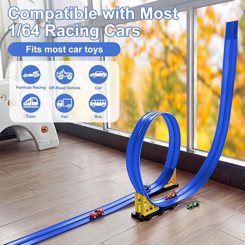 15 FT Flexible Toy Car Track with Suction Cups: DIY Roll-Up Racetrack Ramp for Window & Wall Surfaces, Compatible with 1/64 DieCast Vehicles, Screen for Boys Girls Ages 3-8 in Saudi Arabia