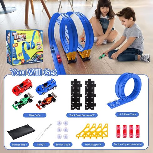 15 FT Flexible Toy Car Track with Suction Cups: DIY Roll-Up Racetrack Ramp for Window & Wall Surfaces, Compatible with 1/64 DieCast Vehicles, Screen for Boys Girls Ages 3-8 in Saudi Arabia