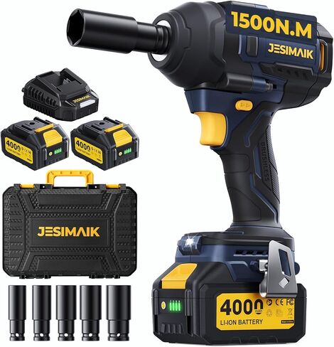 JESIMAIK Cordless Impact Wrench, 1475Ft-lbs (2000N.m) 1/2" Brushless High Torque Impact Wrench with 2×4.0Ah Batteries, Impact Gun with 4 Impact Modes & 5 Sockets for Truck RV Car Heavy Construction in Saudi Arabia