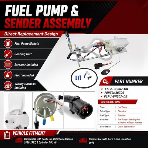 SecosAutoparts Electric Fuel Pump Module Assembly with Sending Unit Compatible with 1988-1997 Ford F-53 Motorhome Chassis 7.5L V8, 1991 E-350 Econoline - Replaces F6PZ-9H307-DB F6PZ9H307DB in Kuwait