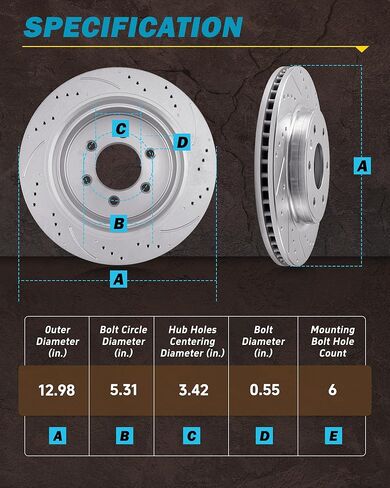 2WD 6-Lug Front and Rear Brake Rotors for 2004 2005 2006 2007 2008 Ford F-150, 2006 2007 2008 Lincoln Mark LT Drilled and Slotted Brakes Replacement [12.98" Front & 13.66" Rear Rotor] in Saudi Arabia