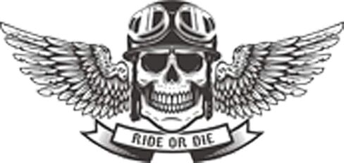 Cool Grayscale Biker Gang Angel Wing Skull Cartoon Art Vinyl Sticker (4" Wide, Ride or Die Banner Aviator Helmet) in Saudi Arabia
