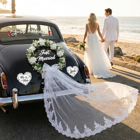 Just Married Car Decorations Set – White Floral Wreath with Long Tulle, Static-Cling Window Decal, Magnetic “Mr & Mrs" & “Love" Heart Signs – Elegant Wedding Getaway Car Decor Kit in Saudi Arabia