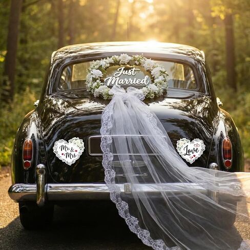 Just Married Car Decorations Set – White Floral Wreath with Long Tulle, Static-Cling Window Decal, Magnetic “Mr & Mrs" & “Love" Heart Signs – Elegant Wedding Getaway Car Decor Kit in Saudi Arabia