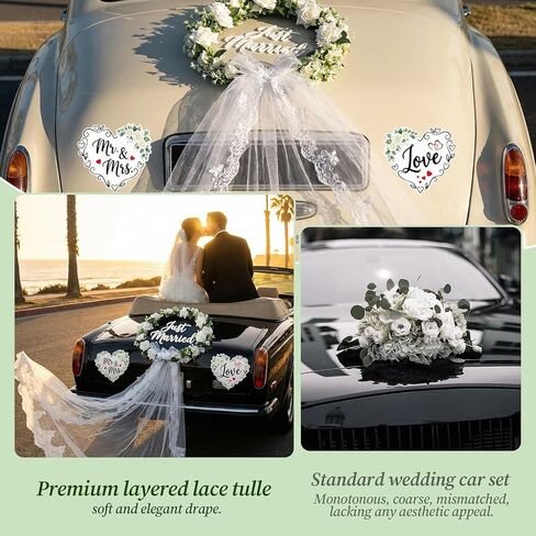 Just Married Car Decorations Set – White Floral Wreath with Long Tulle, Static-Cling Window Decal, Magnetic “Mr & Mrs" & “Love" Heart Signs – Elegant Wedding Getaway Car Decor Kit in Saudi Arabia