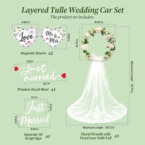 Just Married Car Decorations Set – White Floral Wreath with Long Tulle, Static-Cling Window Decal, Magnetic “Mr & Mrs" & “Love" Heart Signs – Elegant Wedding Getaway Car Decor Kit in Saudi Arabia